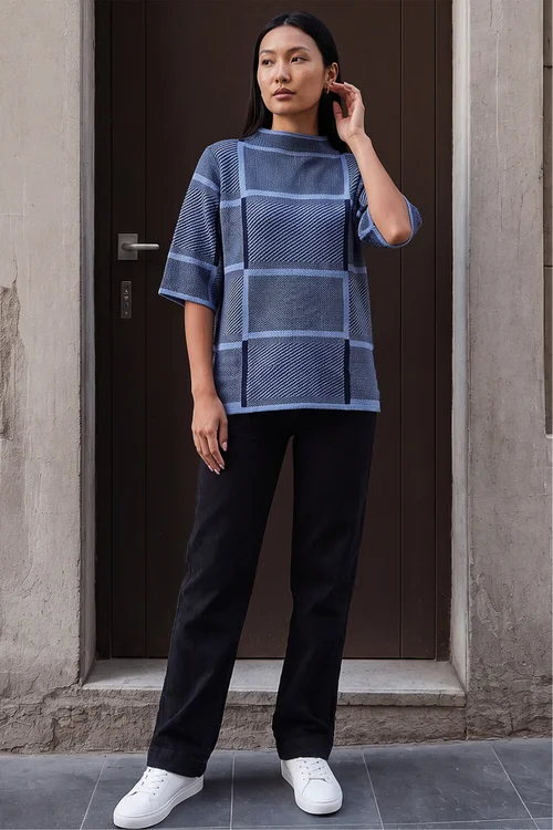 Roman Navy Check Short Sleeve Jumper - 18 Image 2
