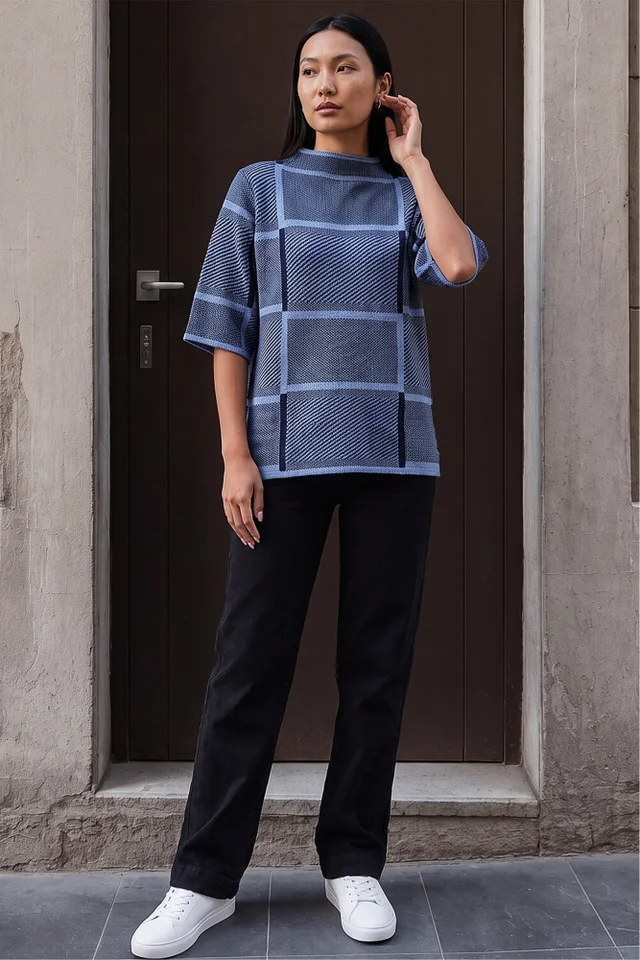 Roman Navy Check Short Sleeve Jumper