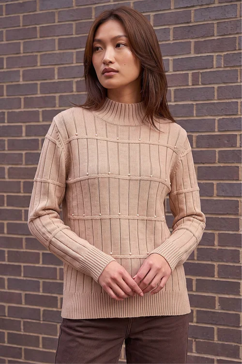 Roman Beige Beaded Ribbed Knit Jumper - 14 Image 1