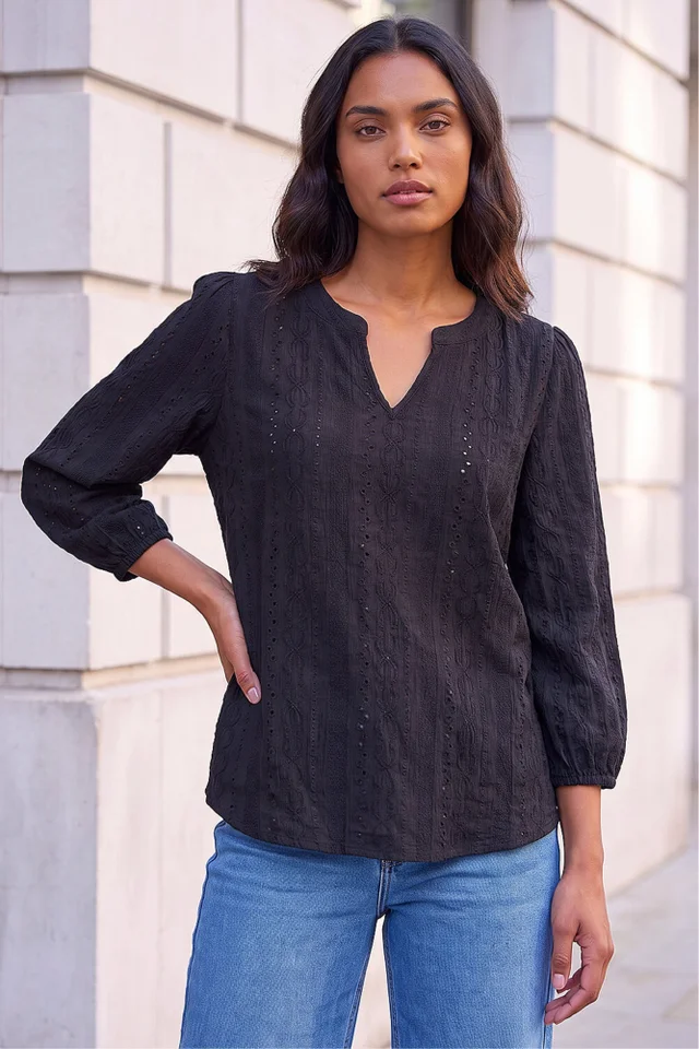 Roman Black Broderie Detail Tunic Top