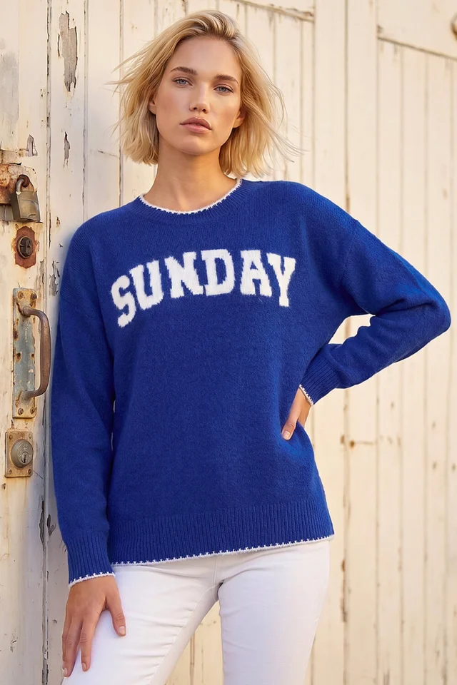 Roman Royal Blue Sunday Slogan Knit Jumper