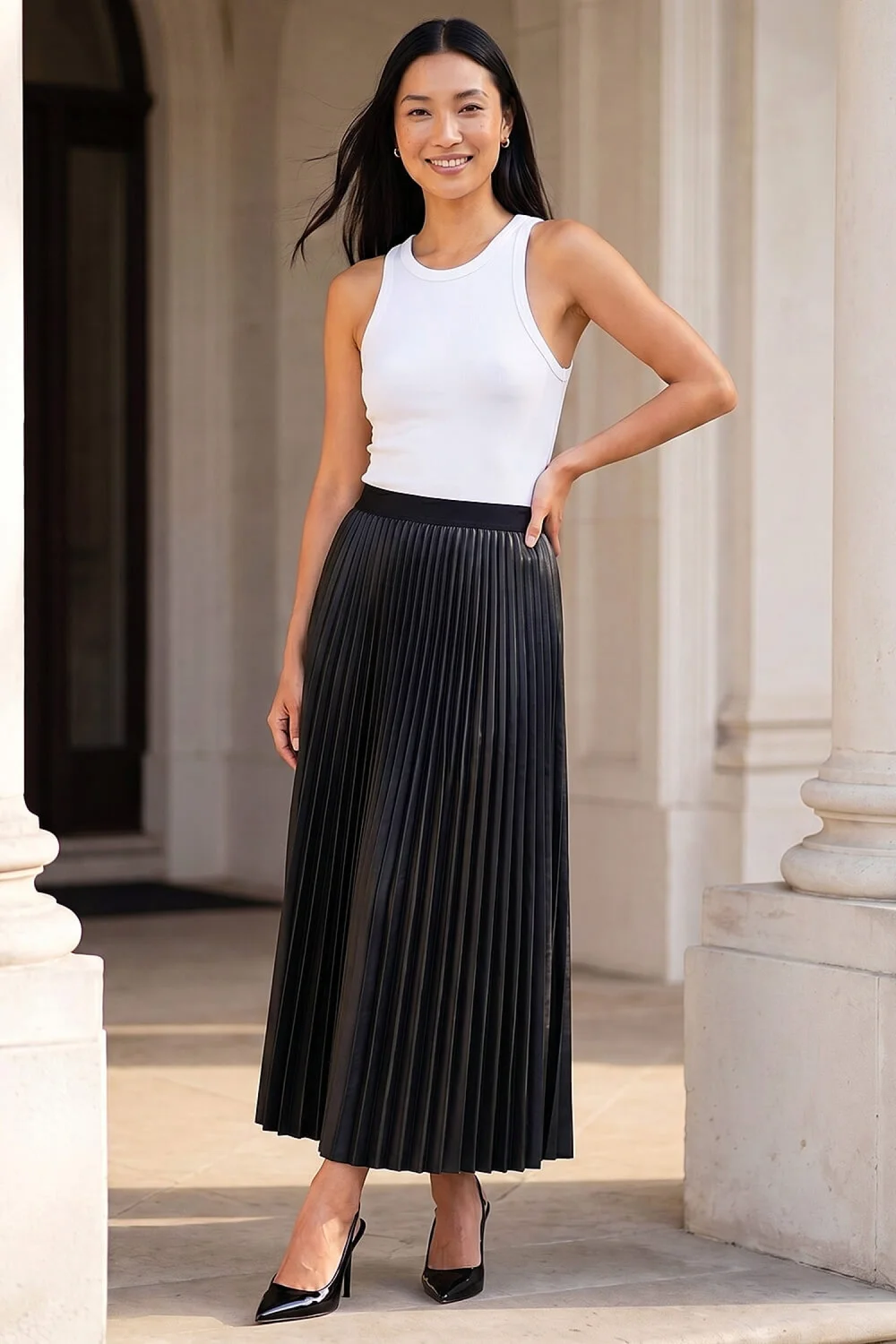 Roman Black Faux Leather Pleated Skirt - 14 Image 2