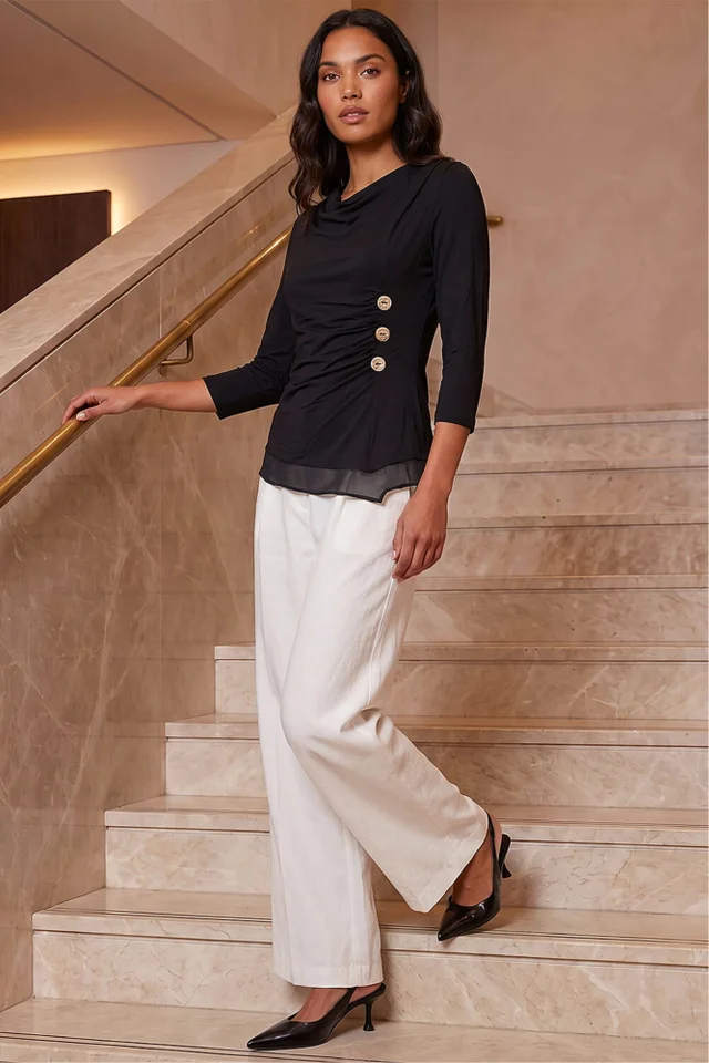 Roman Black Button Detail Chiffon Hem Top