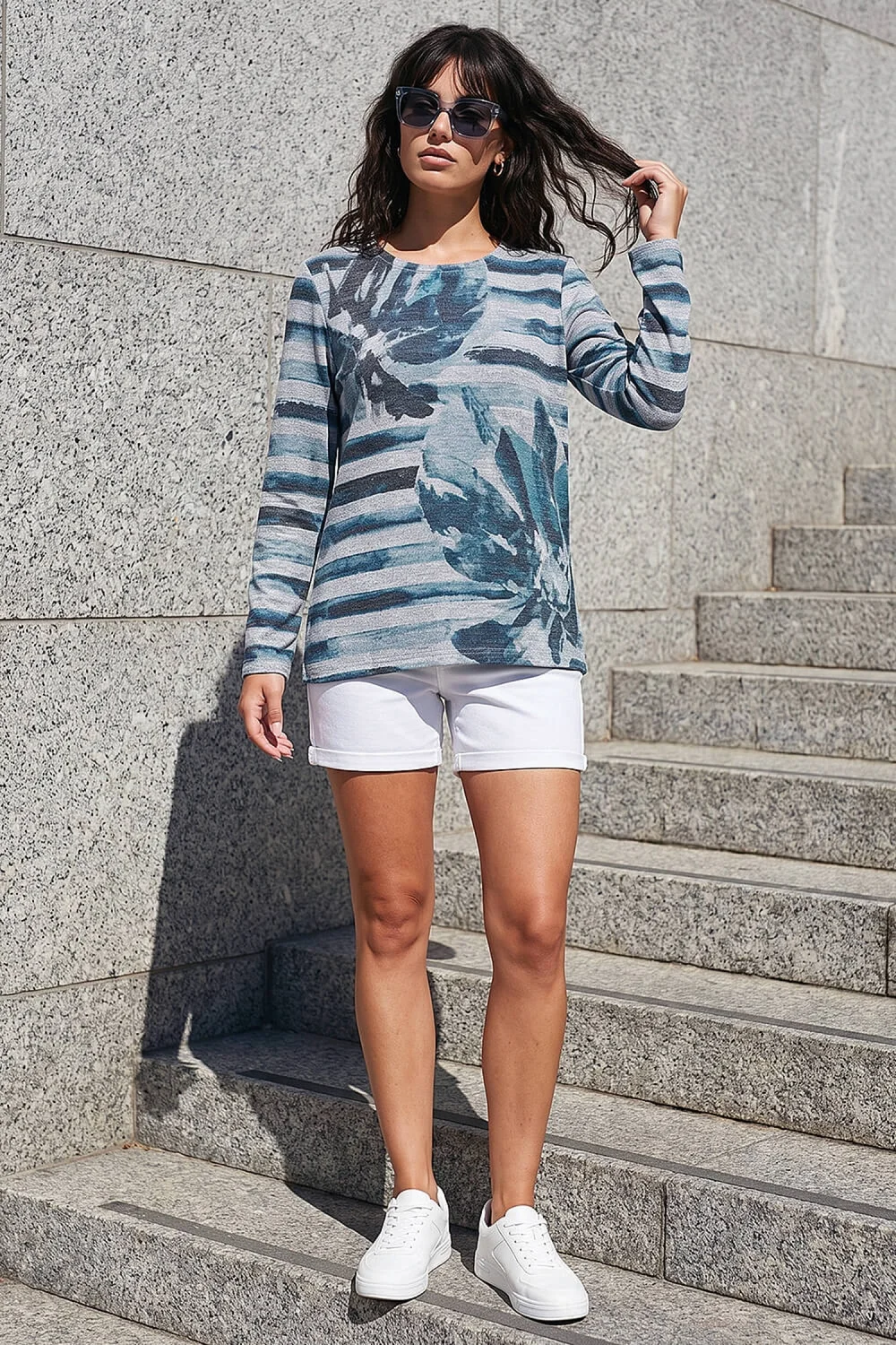 Roman Blue Floral Stripe Print Top - 14 Image 2