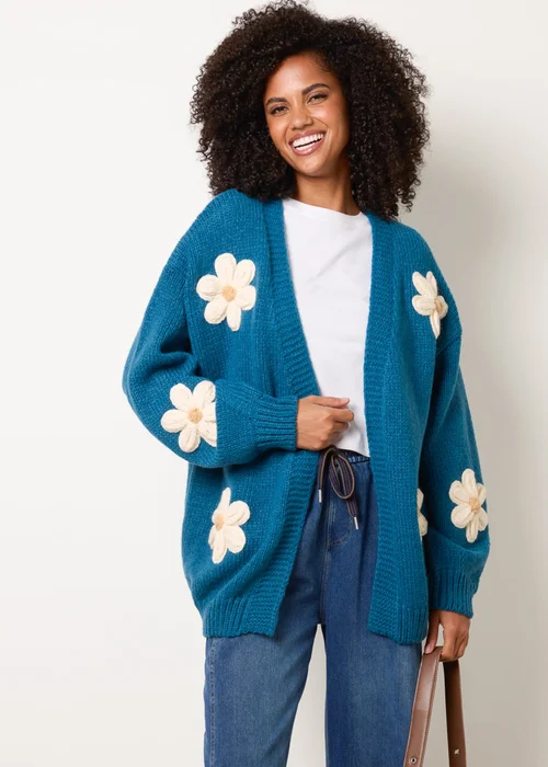 Blue Vanilla Turquoise Daisy Large Flower Cardigan - S/M Image 1