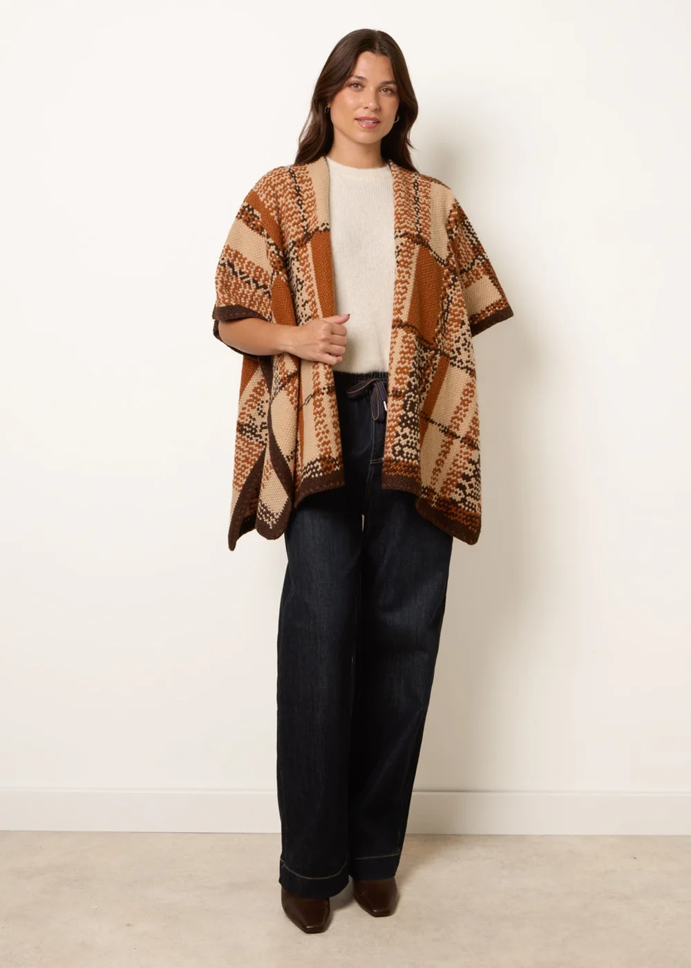 Blue Vanilla Brown Geometric Patchwork Poncho - One Size Image 3