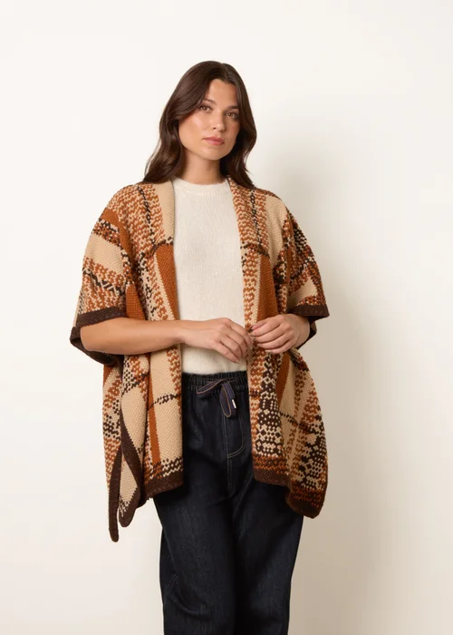 Blue Vanilla Brown Geometric Patchwork Poncho - One Size Image 1