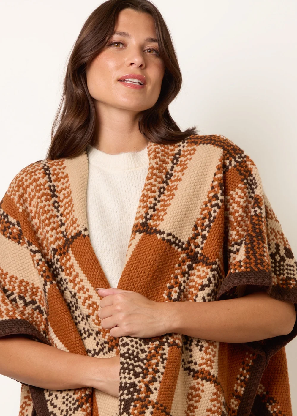 Blue Vanilla Brown Geometric Patchwork Poncho - One Size Image 2