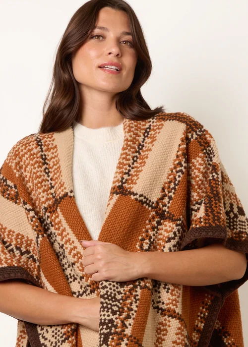 Blue Vanilla Brown Geometric Patchwork Poncho - One Size Image 2