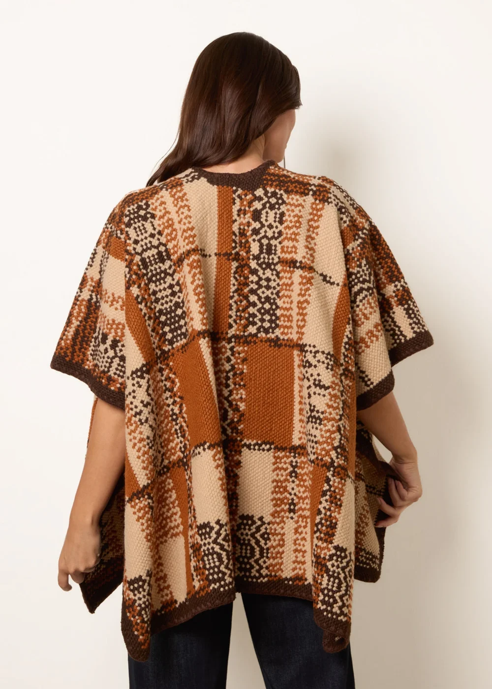 Blue Vanilla Brown Geometric Patchwork Poncho - One Size Image 4