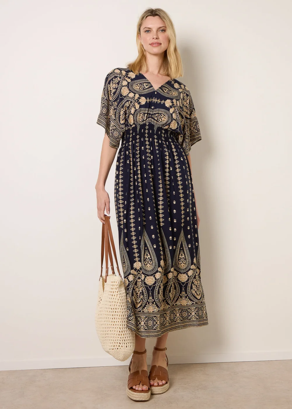 Blue Vanilla Navy Floral Border Design Dress - S Image 3