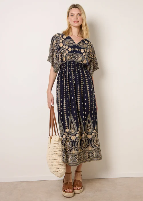 Blue Vanilla Navy Floral Border Design Dress - S Image 3