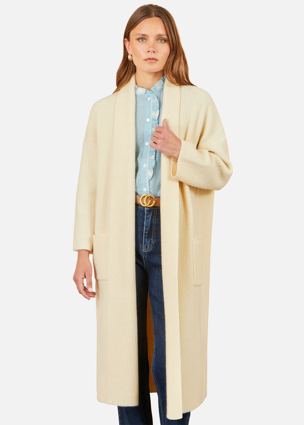 Yumi Ivory Knitted Maxi Cardigan With Pockets - M Image 1