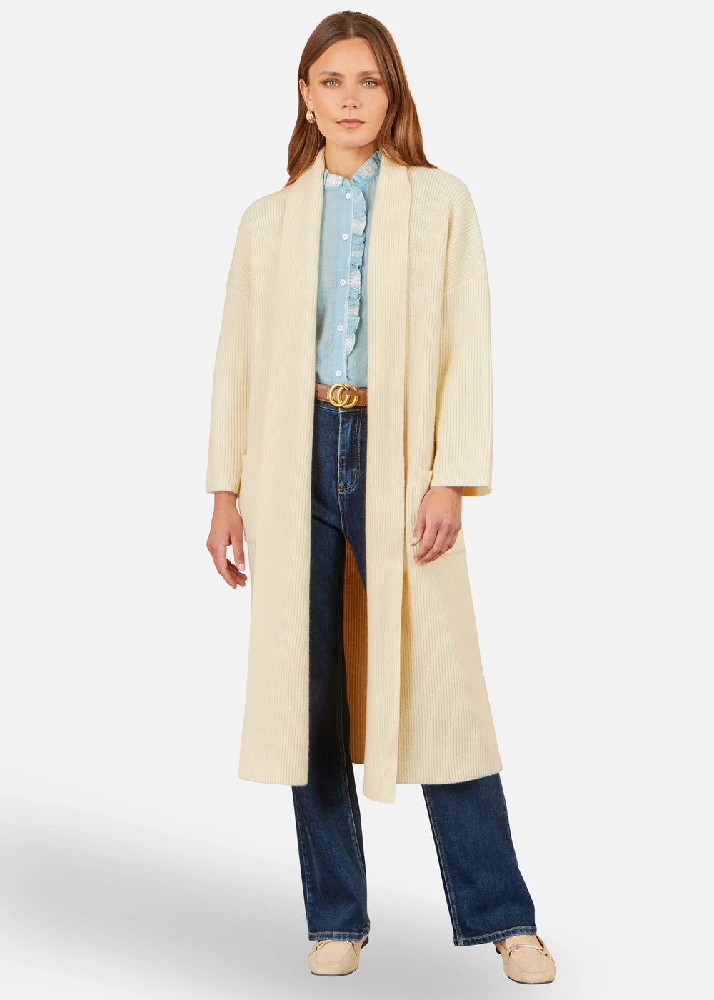 Yumi Ivory Knitted Maxi Cardigan With Pockets - M Image 2