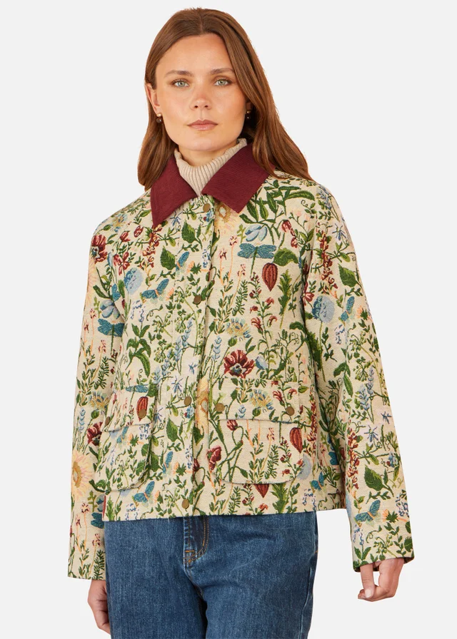 Yumi Ivory Botanical Woven Bomber Jacket