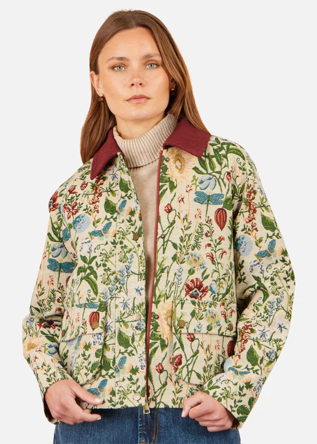 Yumi Ivory Botanical Woven Bomber Jacket