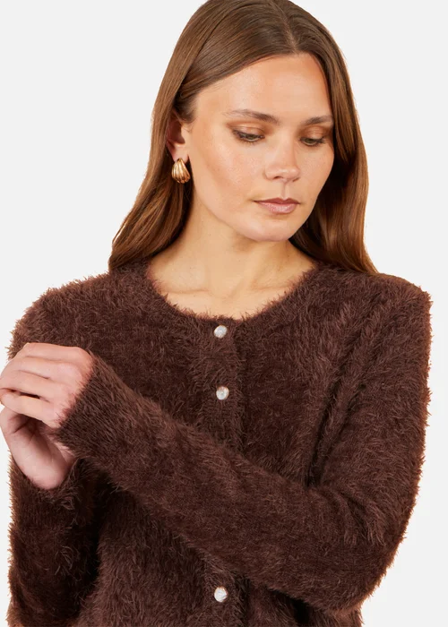 Yumi Brown Eyelash Knit Cropped Cardigan - L Image 3