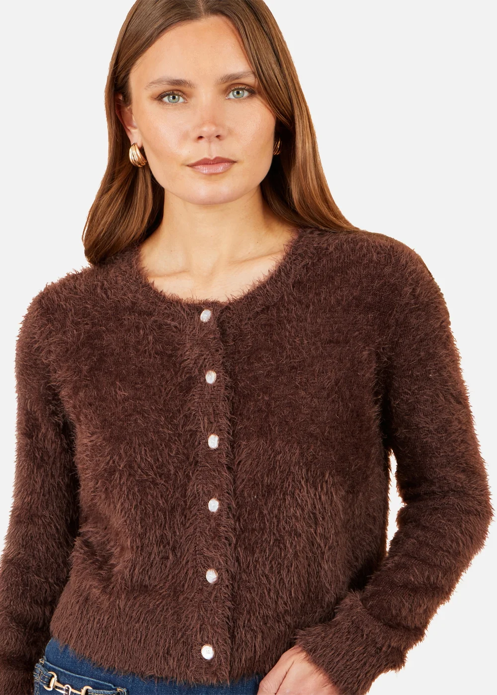 Yumi Brown Eyelash Knit Cropped Cardigan - L Image 4