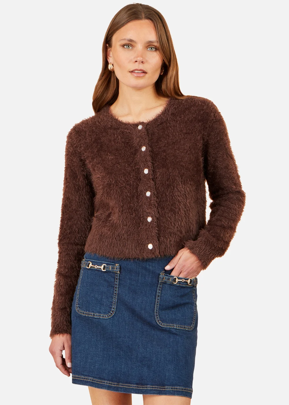 Yumi Brown Eyelash Knit Cropped Cardigan - L Image 1
