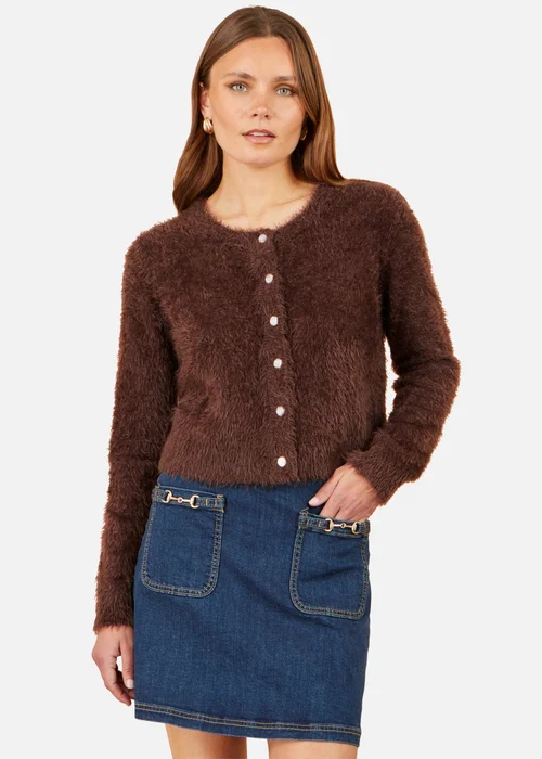 Yumi Brown Eyelash Knit Cropped Cardigan - L Image 1