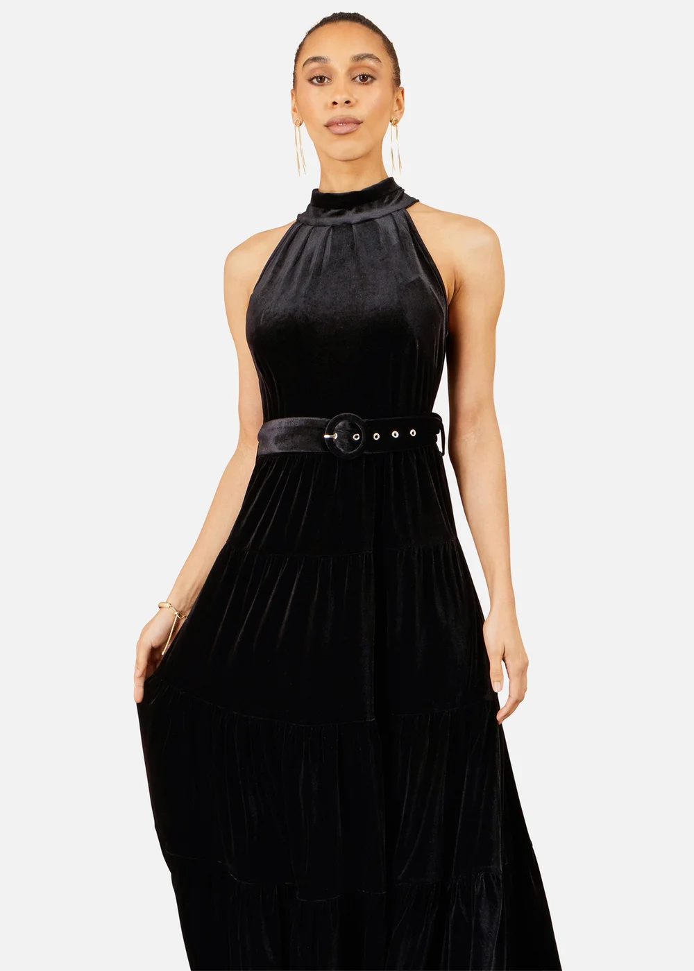 Yumi Black Velvet Halter Midi Dress With Belt - 10 Image 1