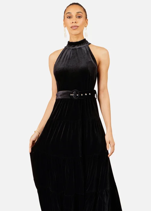 Yumi Black Velvet Halter Midi Dress With Belt - 10 Image 1