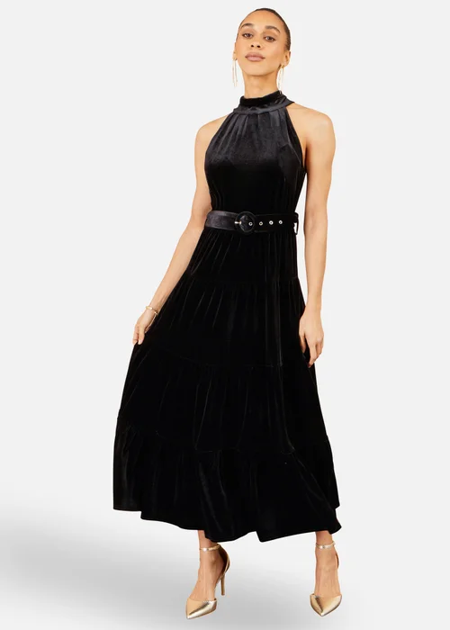 Yumi Black Velvet Halter Midi Dress With Belt - 10 Image 2
