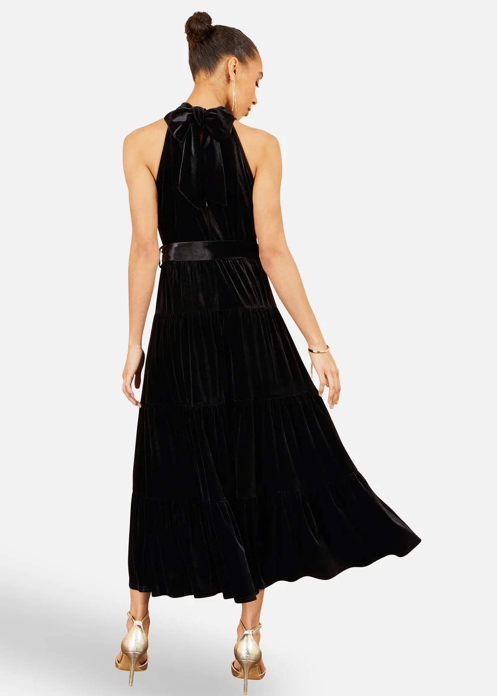 Yumi Black Velvet Halter Midi Dress With Belt - 10 Image 3