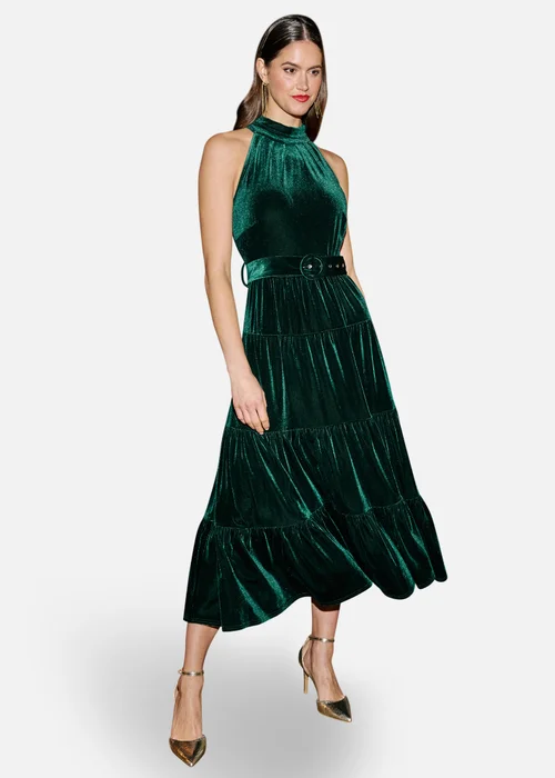 Yumi Green Velvet Halter Midi Dress With Belt - 12 Image 2