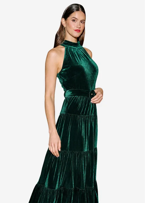 Yumi Green Velvet Halter Midi Dress With Belt - 12 Image 1