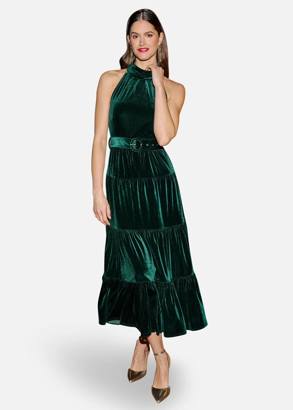 Yumi Green Velvet Halter Midi Dress With Belt - 12 Image 3