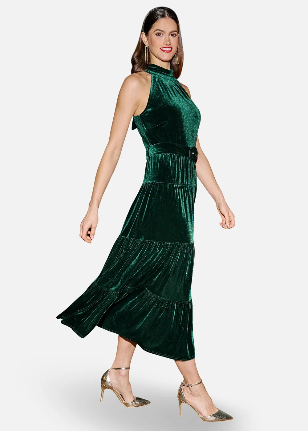 Yumi Green Velvet Halter Midi Dress With Belt - 12 Image 4