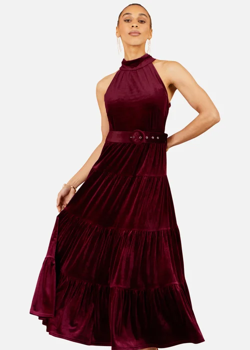 Yumi Burgundy Velvet Halter Midi Dress With Belt - 10 Image 1