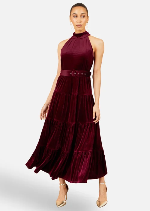 Yumi Burgundy Velvet Halter Midi Dress With Belt - 10 Image 3