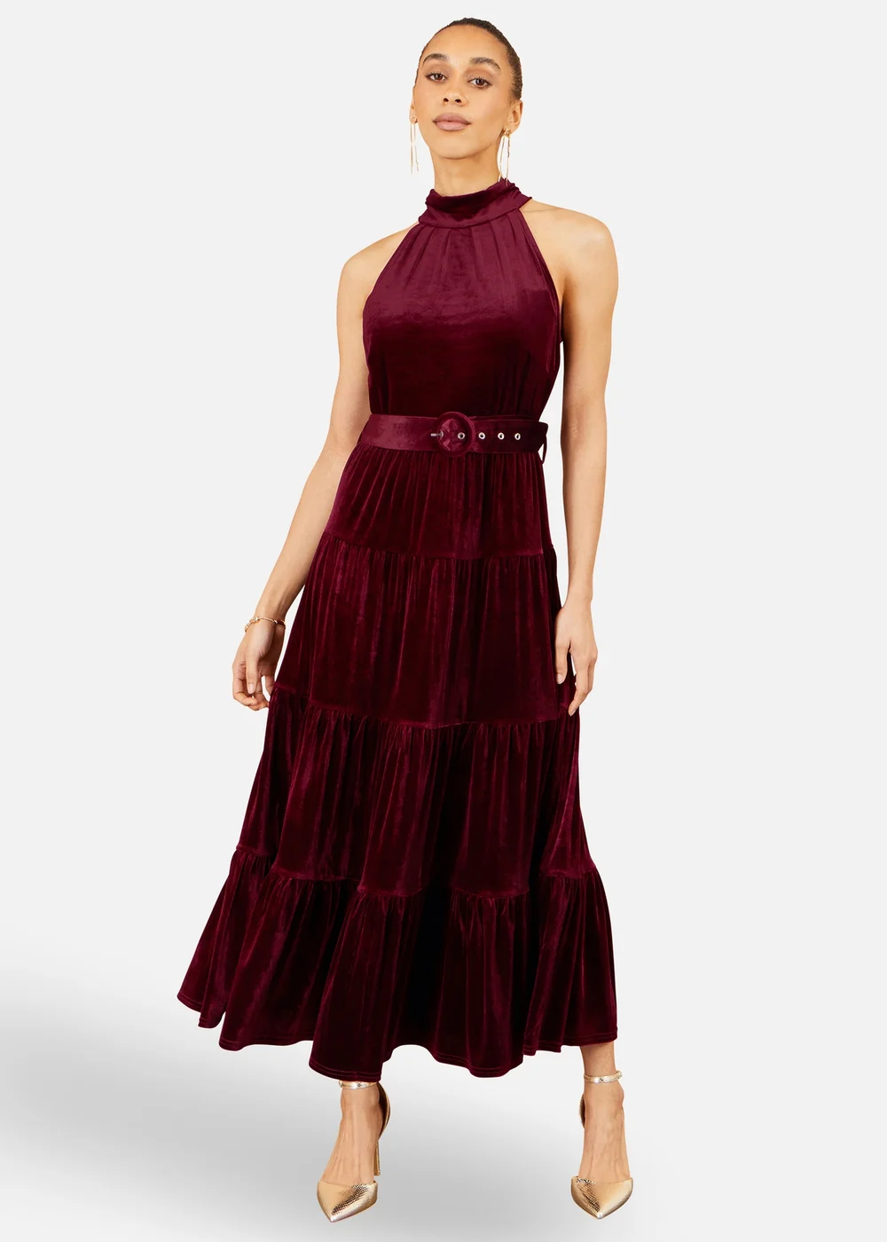Yumi Burgundy Velvet Halter Midi Dress With Belt - 10 Image 2