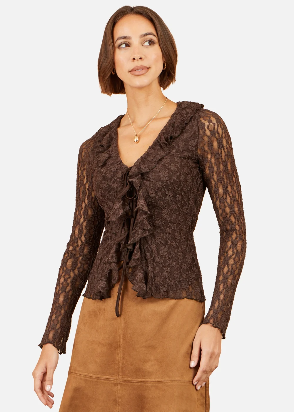 Yumi Brown Ruffle Lace Top - 14 Image 1