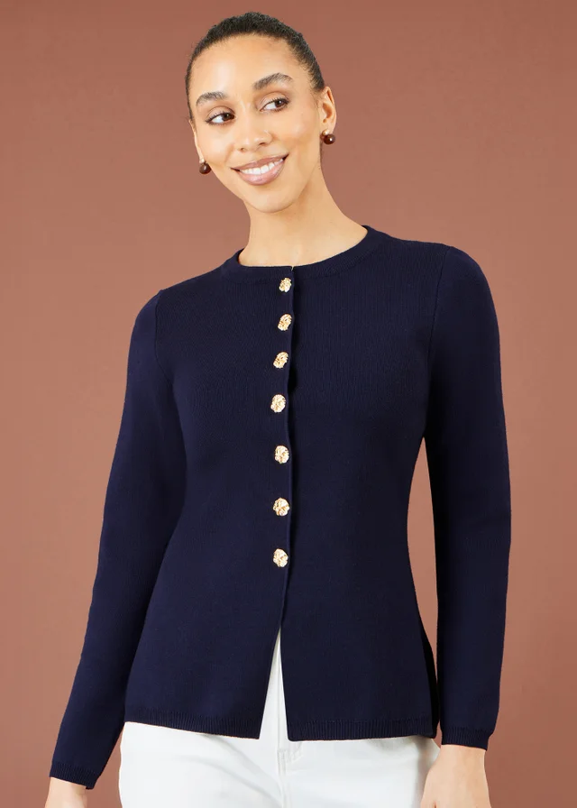 Yumi Navy Knitted Fitted Peplum Cardigan