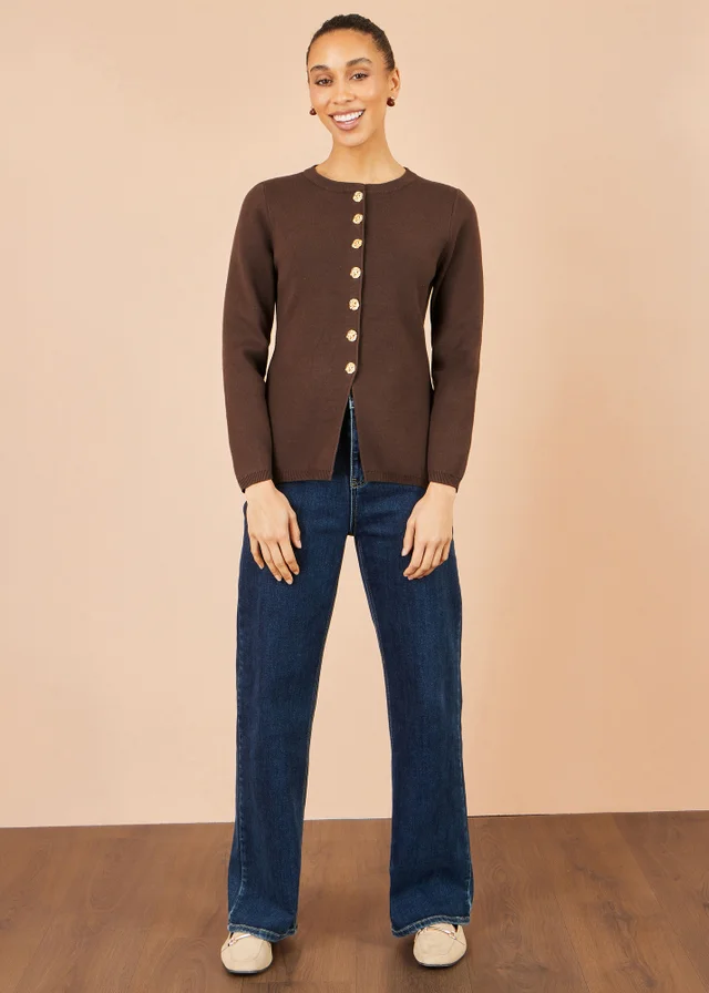 Yumi Brown Knitted Fitted Peplum Cardigan