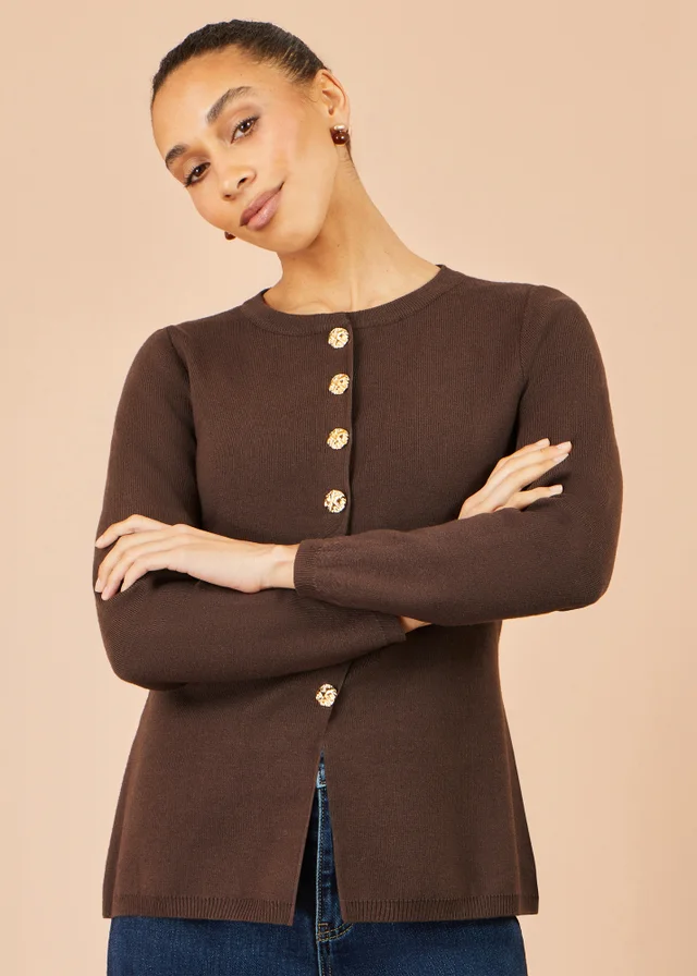 Yumi Brown Knitted Fitted Peplum Cardigan
