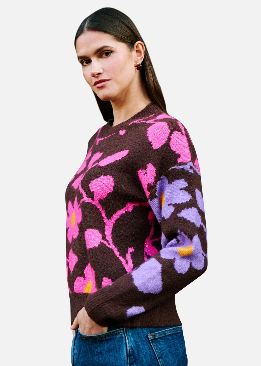 Yumi Multi Floral Intarsia Relaxed Fit Jumper - S Image 1