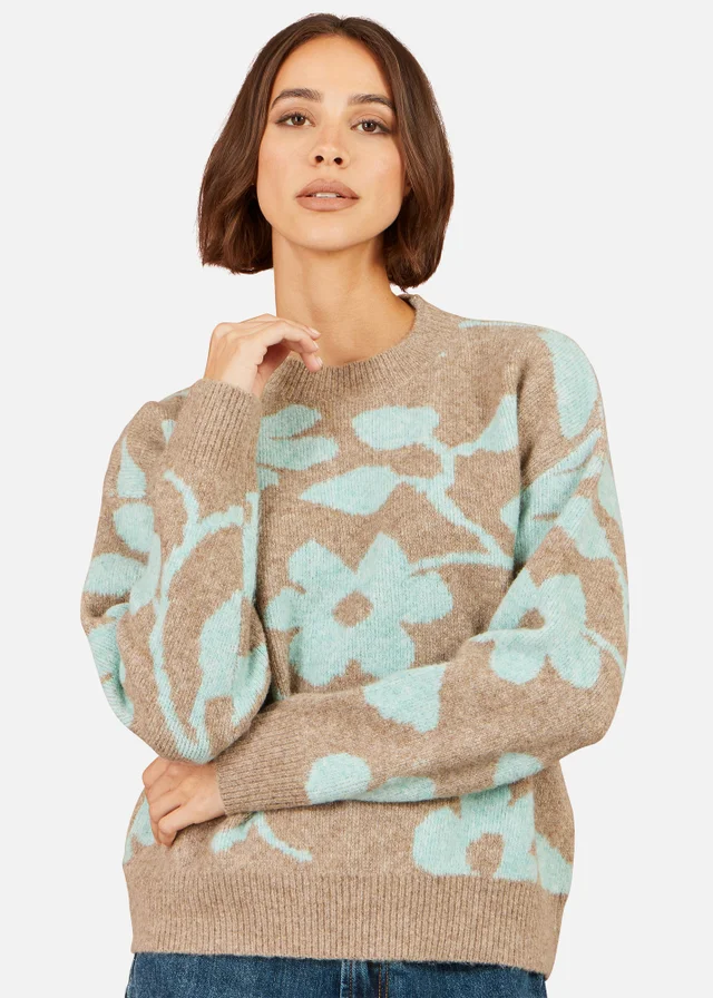 Yumi Brown Floral Intarsia Relaxed Fit Jumper