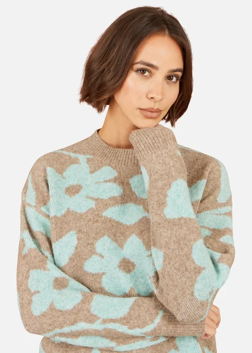 Yumi Brown Floral Intarsia Relaxed Fit Jumper - L Image 3