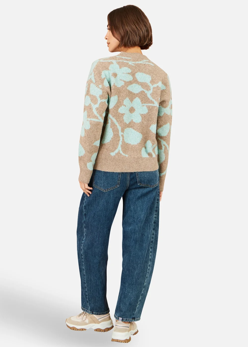 Yumi Brown Floral Intarsia Relaxed Fit Jumper - L Image 2