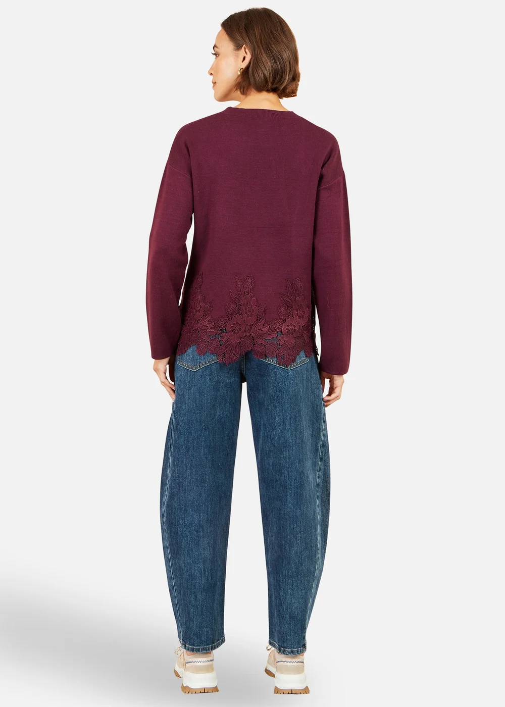 Yumi Burgundy Relaxed Jumper With Lace Trim - L Image 2