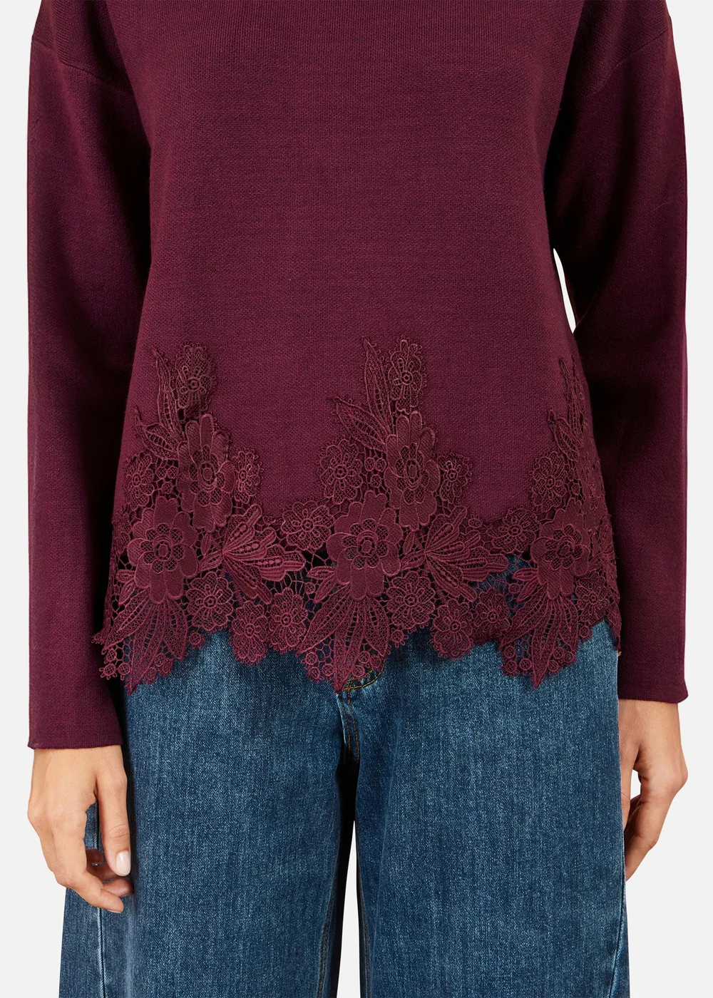 Yumi Burgundy Relaxed Jumper With Lace Trim - L Image 3