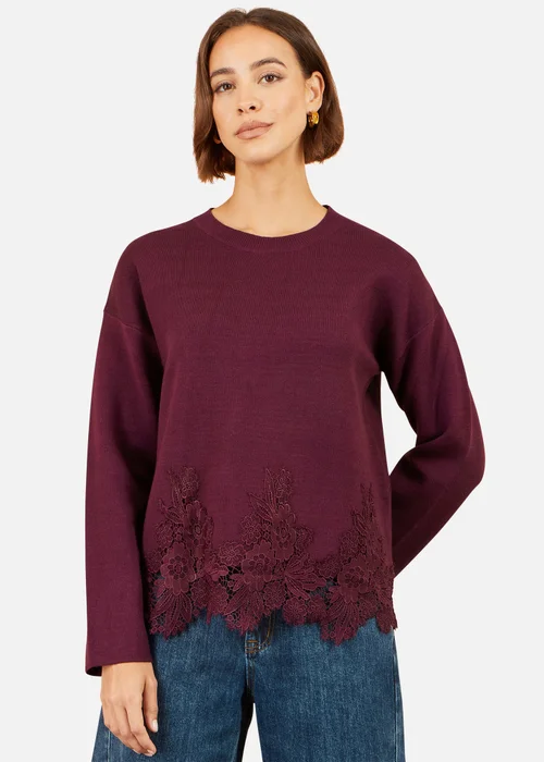 Yumi Burgundy Relaxed Jumper With Lace Trim - L Image 1