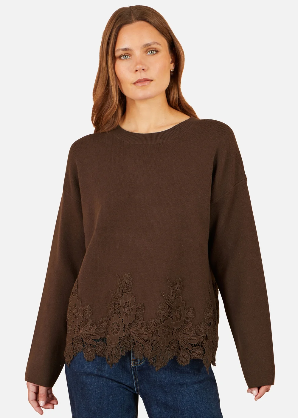 Yumi Brown Relaxed Jumper With Lace Trim - M Image 1