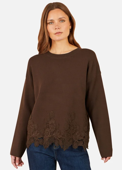 Yumi Brown Relaxed Jumper With Lace Trim - M Image 1