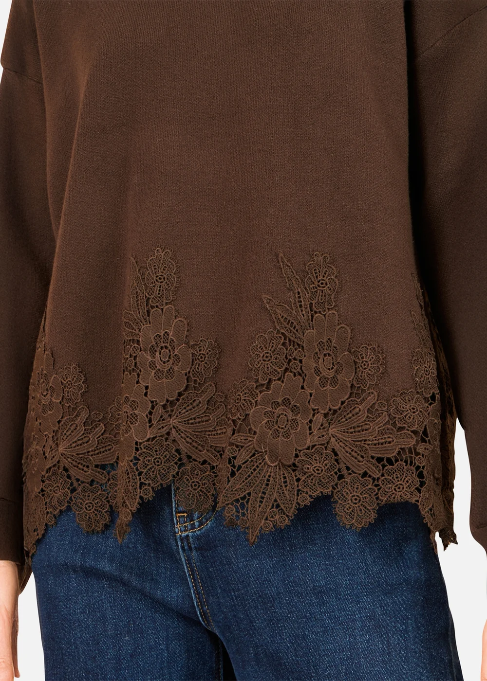 Yumi Brown Relaxed Jumper With Lace Trim - M Image 3