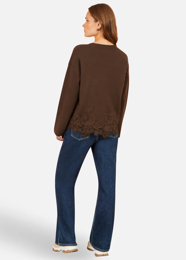 Yumi Brown Relaxed Jumper With Lace Trim
